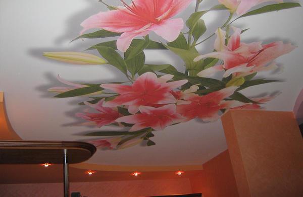 Натяжной потолок с рисунком прекрасно подойдет в гостинную и детскую