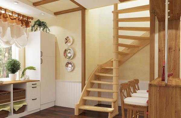 Деревянные винтовые лестницы отлично подходят для загородного дома, поскольку имеют длительный срок эксплуатации и небольшую цену 