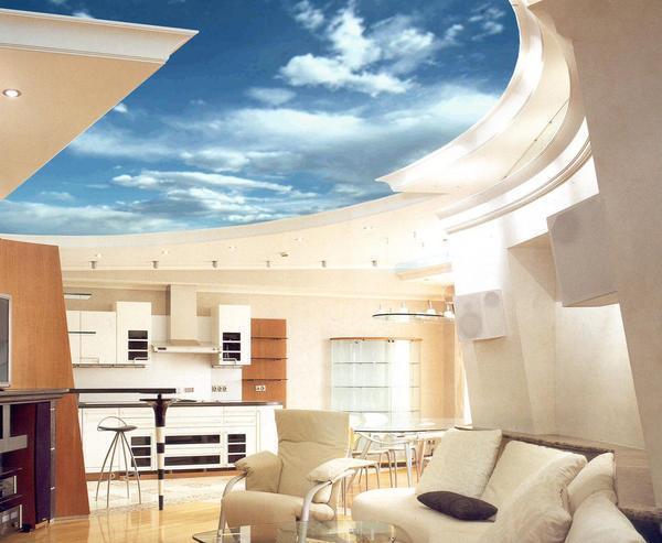 Потолок с рисунком неба позволит ощутить простор даже в маленькой комнате