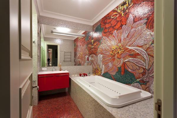 Керамическое мозаичное панно станет прекрасным украшением ванной комнаты, следует лишь учесть, что его стоимость может быть немаленькой 
