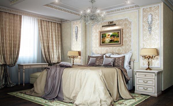 Если спальня выполнена в классическом стиле, то и картина должна иметь соответствующее оформление в виде объемной деревянной рамки 