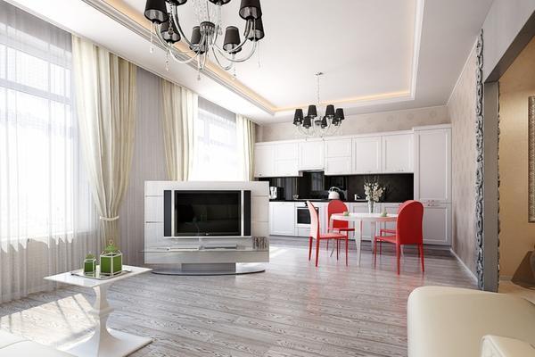 Смежная кухня-гостиная - это отличный вариант, который позволит сделать один дизайн в двух комнатах