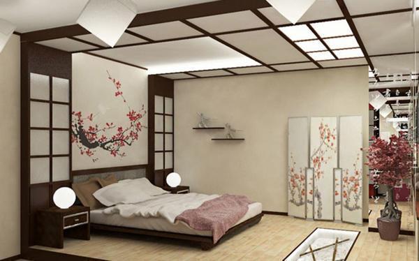 Спальная комната, оформленная в японском стиле, смотрится очень красиво и интересно