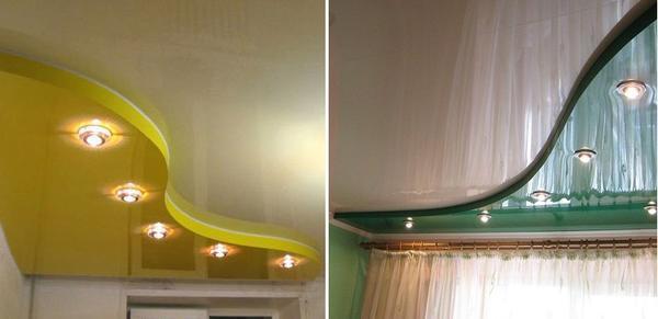 Многоуровневые натяжные потолки, состоящие из полотен разных цветов, также смотрятся очень эффектно