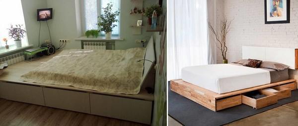 Так как в маленькой спальне не рекомндуется размещать лишнюю мебель или предметы, кровать-подиум с выдвижными ящиками станет оптимальным решением для интерьера такого помещения