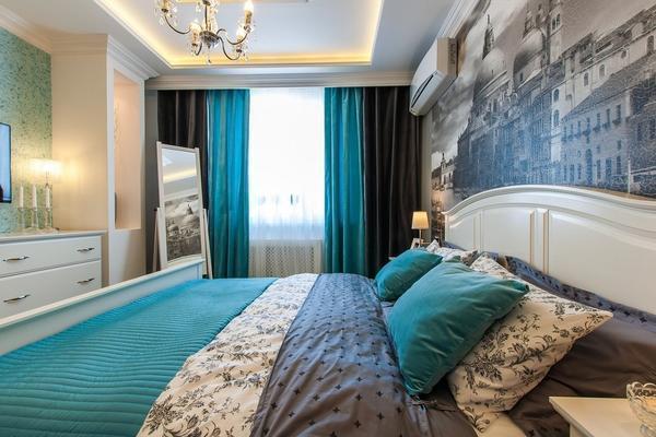 Бирюзовый цвет хорошо смотрится в спальне, сделанной в стиле прованс 