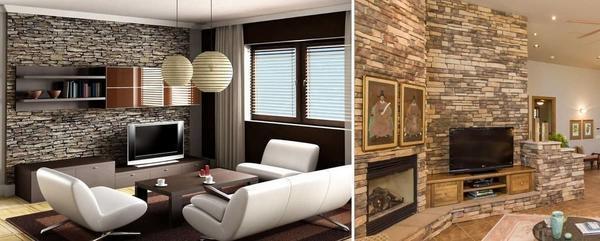 Декоративный камень способен обеспечить надежность, прочность и теплоустойчивость стен в гостиной