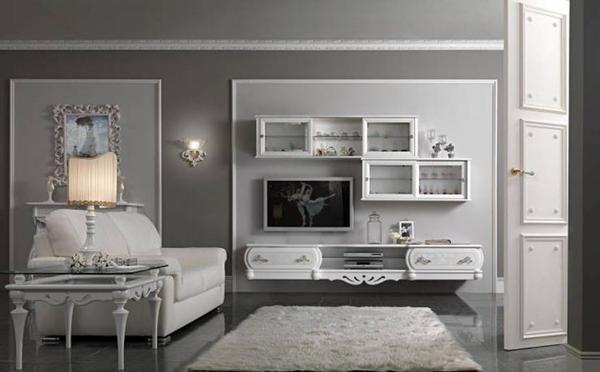 Мебельные стенки в стиле неоклассика, как правило, изготовляются в белых или же пастельных тонах