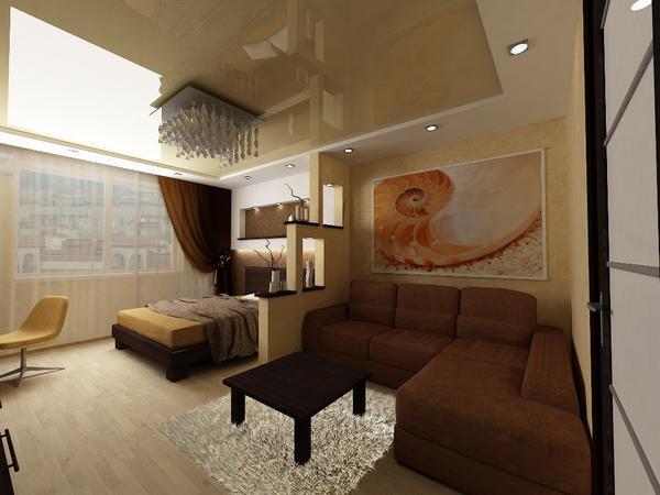 Если у вас маленькая гостиная, то можно сделать совмещенную комнату со спальней используя креативную перегородку
