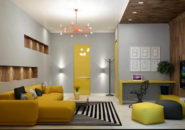 Сочетание желтого цвета с серыми или черными оттенками сделает гостевую комнату современной и стильной