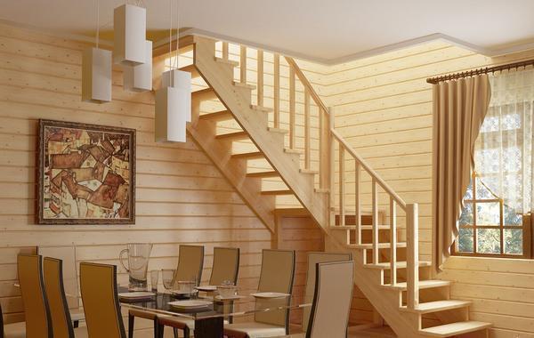 Если внутренняя отделка дома выполнена из досок, то при изготовлении лестницы лучше использовать дерево, чем металл 
