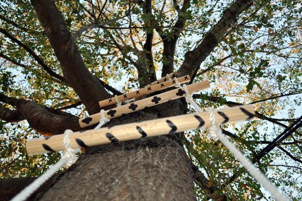 С помощью канатной лестницы можно запросто подняться на дерево даже детям 