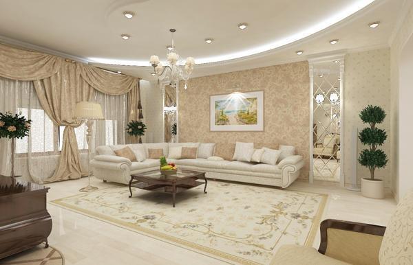 Классическое оформление потолка в гостиной пользуется большой популярностью 