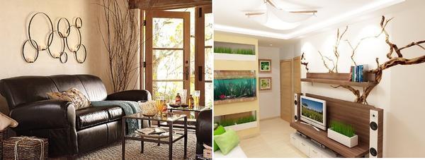 Эко-стиль в гостиной характеризуется наличием деревянной мебели, а также использованием в интерьере декоративных элементов из натуральных материалов