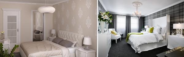 Монохромный пастельный тон интерьера спальной комнаты можно оживить с помощью вкрапления других оттенков цветовой палитры: серого и бежевого
