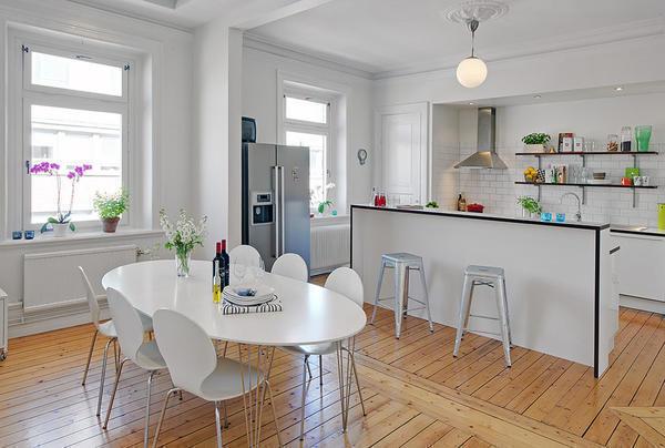 Кухня-гостиная в скандинавском стиле – это встроенная мебель, деревянный пол, и открытая планировка пространства