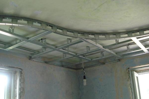 При монтаже каркаса из гипсокартона на потолок необходимо правильно установить направляющую для профиля и закрепить ее с помощью дюбелей