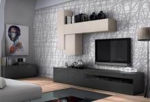 small-living-room-set-up-wall-shelves-pattern-wallpaper-grey-white-