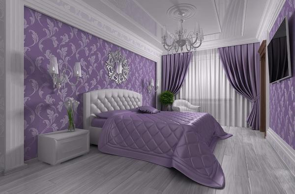 Фиолетовый цвет прекрасно подойдет для оформления спальной комнаты в любом стиле