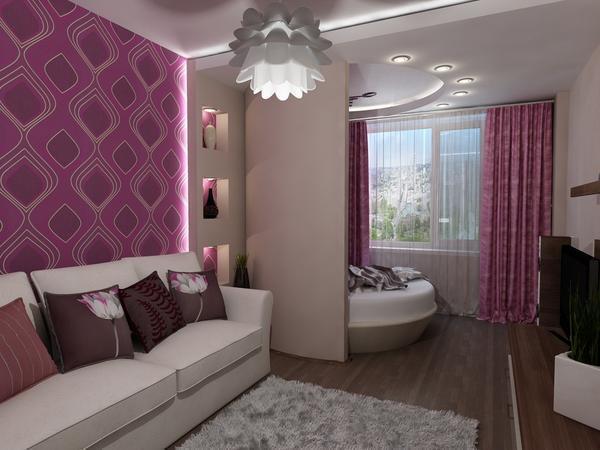 Разделить зону спальни и гостиной можно с помощью перегородки, выполненной из гипсокартона 