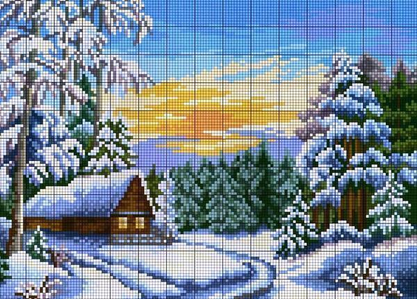 Вышивка с изображением зимнего пейзажа является отличным элементом декора для любого интерьера 