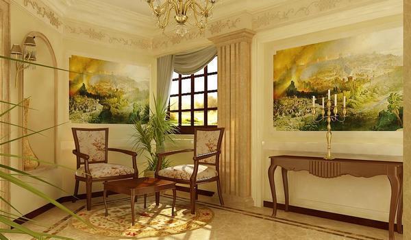 Для просторной гостиной в большой квартире отлично подойдут фрески с изображением пейзажа