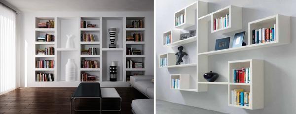 В гостиной можно расположить полку для книг, выполненную из гипсокартона, или приставить к стене комплект полок высотой до потолка
