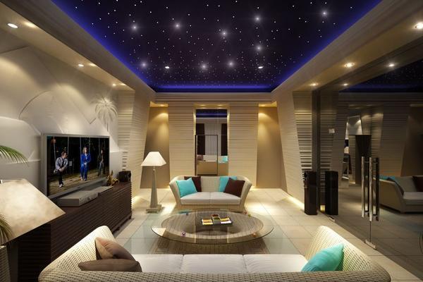 Для любителей нестандартных интерьеров хорошим вариантом станет применение звездного натяжного потолка со встроенными точечными светильниками