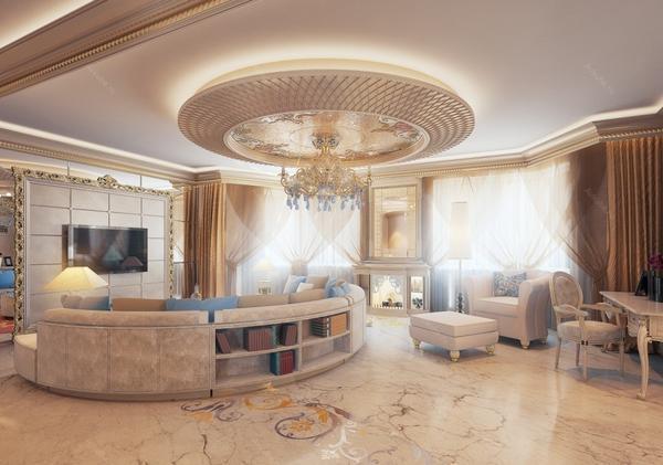 В классическом интерьере прекрасно смотрится потолок, оформленный в золотых или коричневых оттенках 