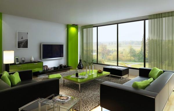 Отличным решением будет оформление гостиной в зеленом цвете, который органично комбинируется с черными оттенками