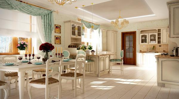Стиль Прованс позволяет создать неповторимую атмосферу комфорта и домашнего уюта в интерьере кухни-гостиной