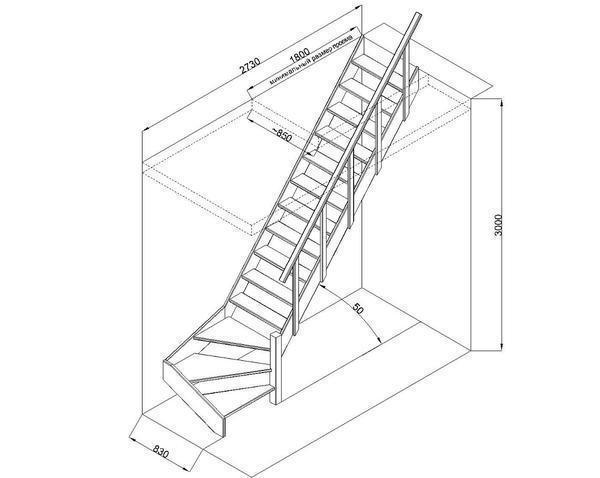 Размер проема под лестницей зависит от угла, под которым установлен каркас 