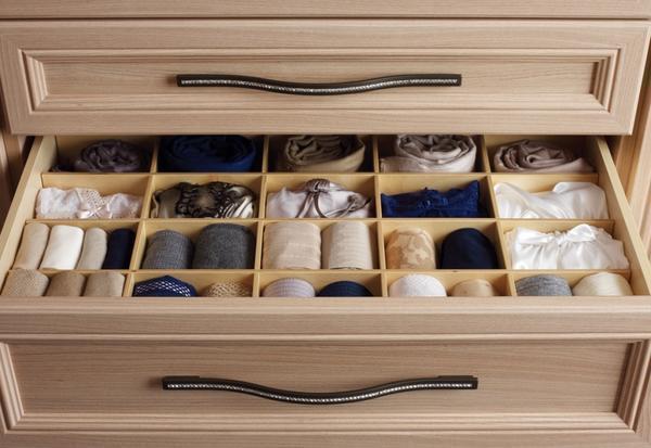 Нижние выдвижные ящики с разделителями хорошо подходят для хранения домашнего текстиля, белья и мелких аксессуаров