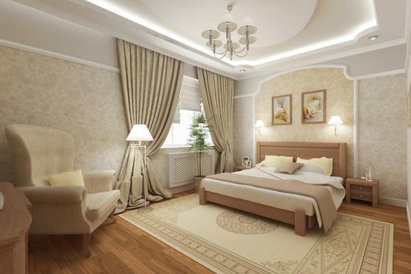 Добавить яркости в спальню в классическом интерьере можно при помощи неоновой подсветки на потолке 
