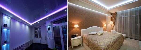 Глянцевый потолок можно снабдить специальной подсветкой, которая создаст в комнате незабываемую атмосферу