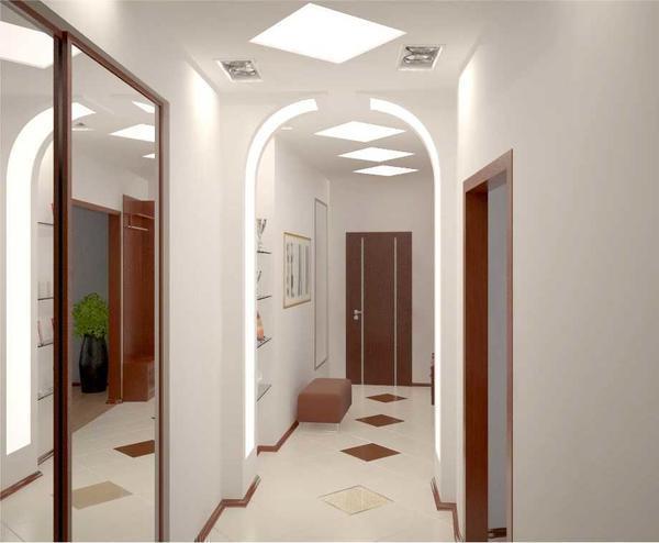 Красиво украсит интерьер коридора стильная гипсокартонная арка
