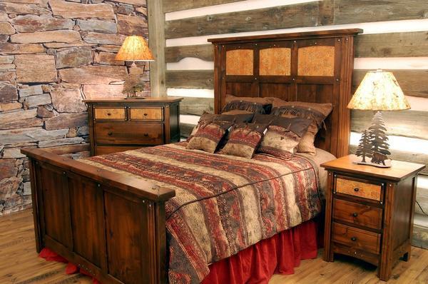 Для спальни, изготовленной в стиле кантри, подойдет массивная мебель из любого вида дерева: дуба, сосны, ясеня 