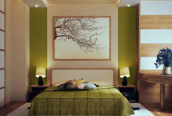 Двухцветная отделка стен поможет правильно сделать зонирование в спальне