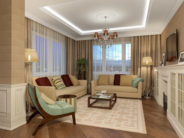 Отличным вариантом разнообразить бежевый интерьер является использование в гостиной подушек или кресла зеленого оттенка 
