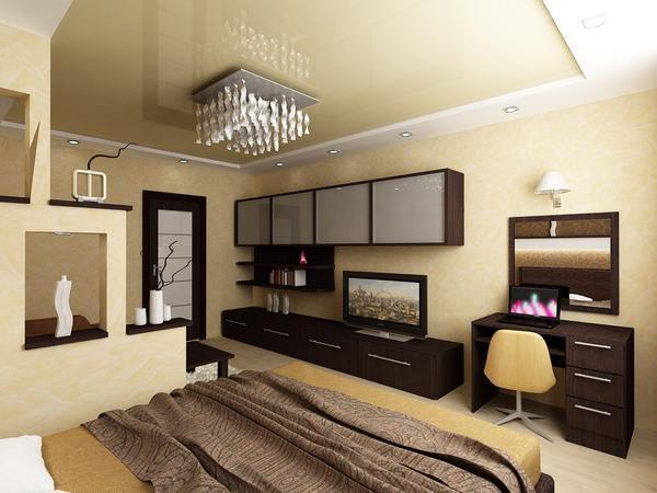 При совмещении в одной комнате спальни и гостиной следует выполнить зонирование с помощью перегородки 