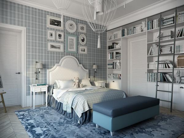 Для спальни в стиле прованс можно подобрать интерьер в сдержанном серо-голубом цвете