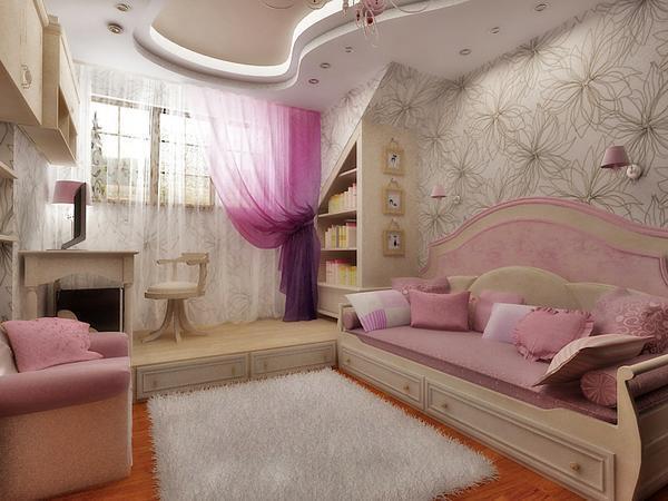 Для девичьей комнаты лучше подбирать тюль розового или бежевого оттенка 