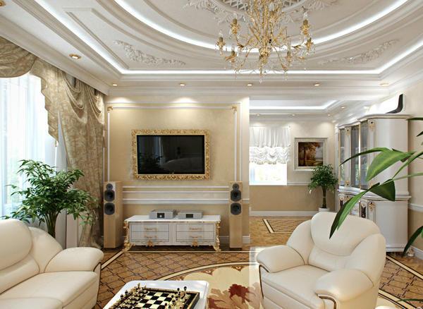 В современной гостиной допускается сочетание стиля барокко с другими направлениями