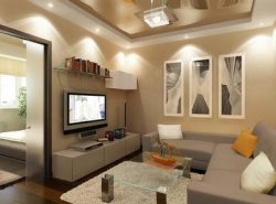 Для создания оригинального интерьера в гостиной с натяжным потолком отличным выбором станет использование точечных светильников